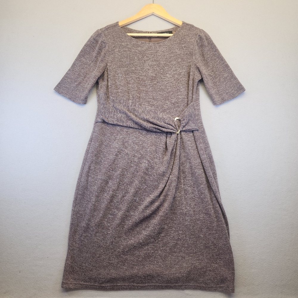 Ellen Tracy Brown Marl Knit Sheath Dress SZ 10 Side Drape Ring Work Professional